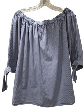 Alexander Jordan Off-Shoulder Blue and White Vertical Striped Tie-Sleeve Blouse